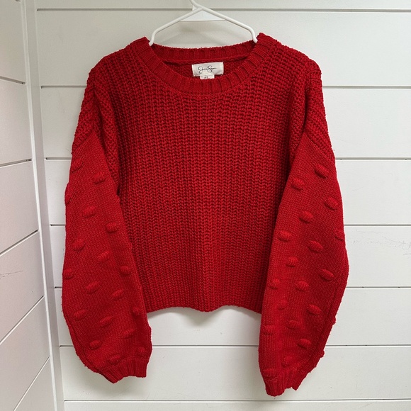Women's Jessica Simpson Red Cropped Sweater with Bubble Sleeves - Size Medium - Picture 1 of 4